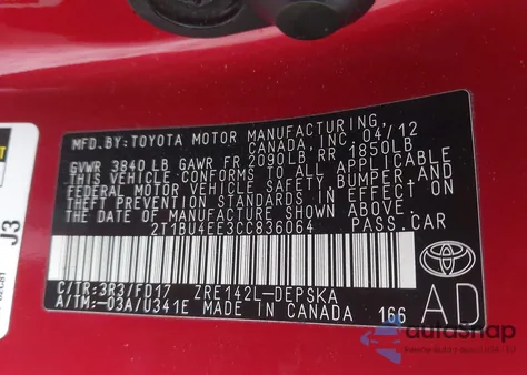 2012 Toyota Corolla S from USA, damaged, VIN 2T1BU4EE3CC836064